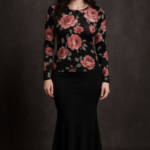 Black Pink Floral L/S Sheer Babydoll Top Whimsigoth Bohemian Romantic Gothic